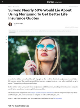 Screenshot of Forbes Advisor article with survey results from a OnePoll poll. 60 per cent would lie about using marijuana to get better life insurance quotes