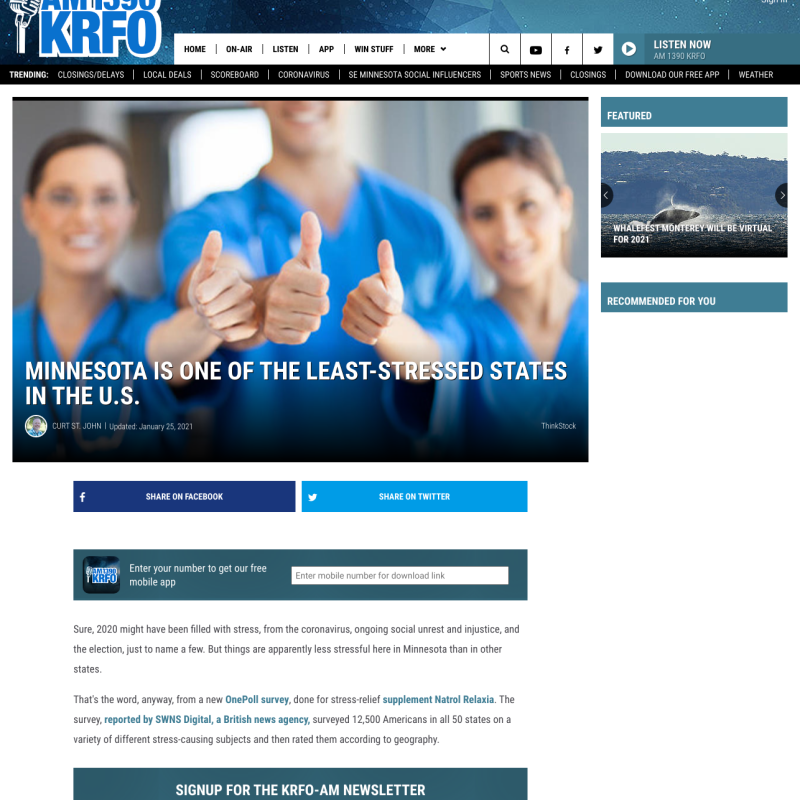 KRFO coverage of the Natrol survey story: Most Stressed State