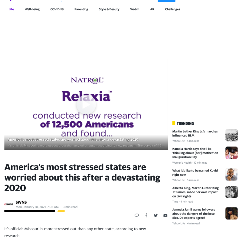 Yahoo coverage of the Natrol survey story: Most Stressed State
