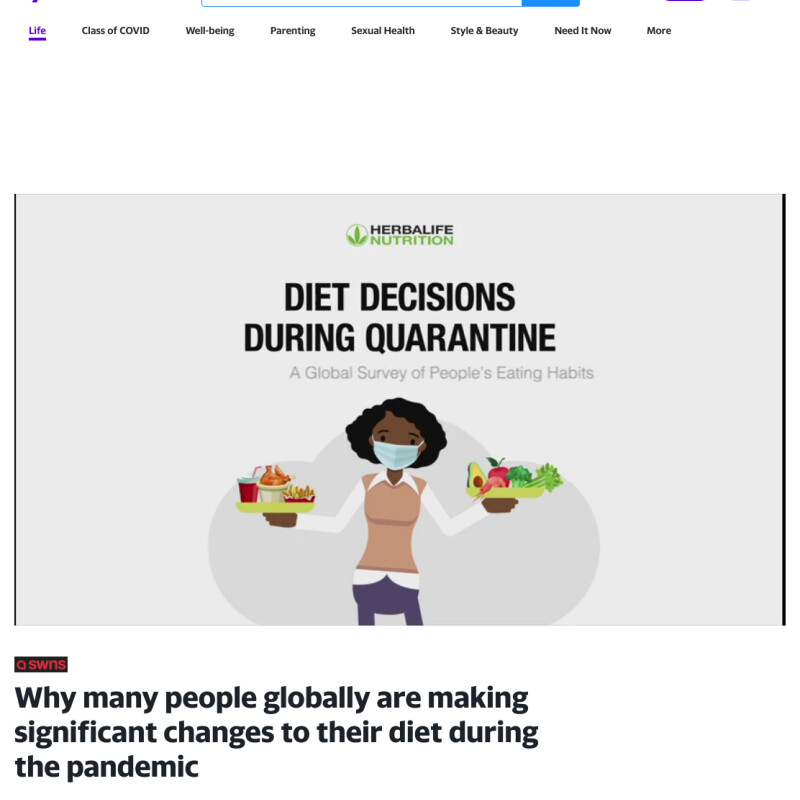 Yahoo coverage of Herbalife Pandemic Diet Decisions research