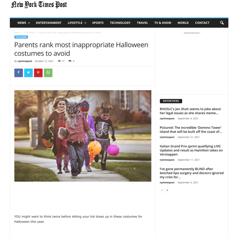 NY Times Post OnePoll snap poll halloween costumes