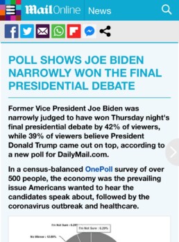 Mailonline article with a media poll headline: Poll shows Biden narrowly won the final presidential debate