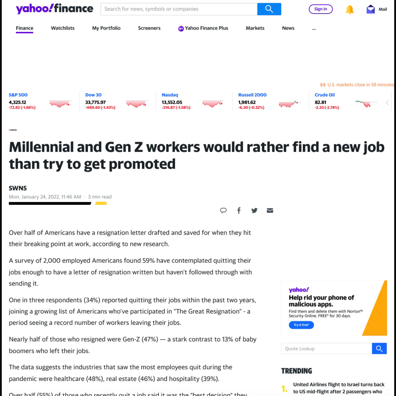 Screenshot of Yahoo Finance coverage of a Wisetail OnePoll research story