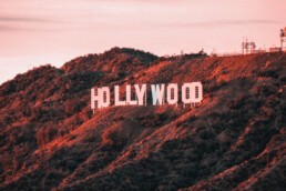 The famous Hollywood sign on the hill in a sunset