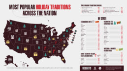 A 'heat map' of holiday traditions illustrated on a map of the USA. This random double-opt-in survey of 5,000 general population Americans was commissioned by Hershey and conducted by OnePoll between November 17 and November 28, 2022.