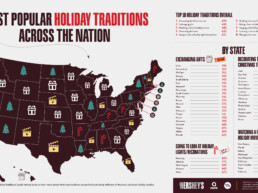 A 'heat map' of holiday traditions illustrated on a map of the USA. This random double-opt-in survey of 5,000 general population Americans was commissioned by Hershey and conducted by OnePoll between November 17 and November 28, 2022.