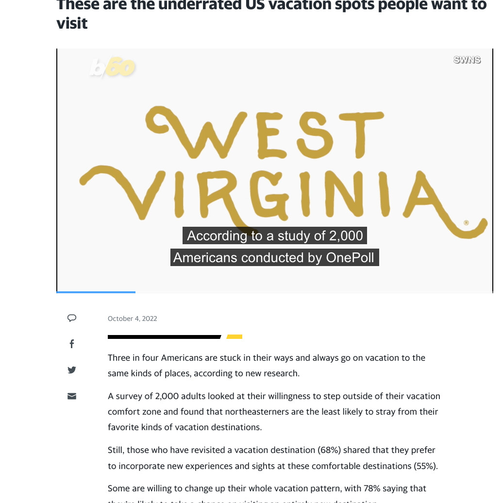 Yahoo coverage of a OnePoll research story for West Virginia Department of Tourism