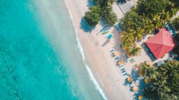 Aerial photo of a Caribbean beach and beach bar