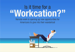 Is it time for a Workcation? Illustration of a man dressed for the office relaxing on the beach