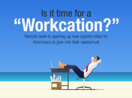 Is it time for a Workcation? Illustration of a man dressed for the office relaxing on the beach