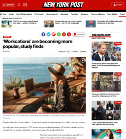 Screenshot of New York Post media coverage of a Marriott Vacations Worldwide research story about Workcations
