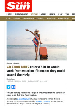 Screenshot of U.S. Sun media coverage of a Marriott Vacations Worldwide research story about Workcations